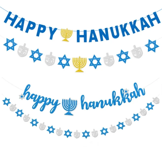 Custom Happy Hanukkah Candlestick Hexagonal star Paper/Felt Banners and flags garland for Jewish New Year Festival Party Decor