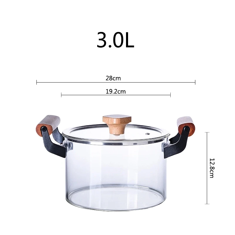 Wholesale clear high borosilicate heat resistant glass cooking pot with wooden handle