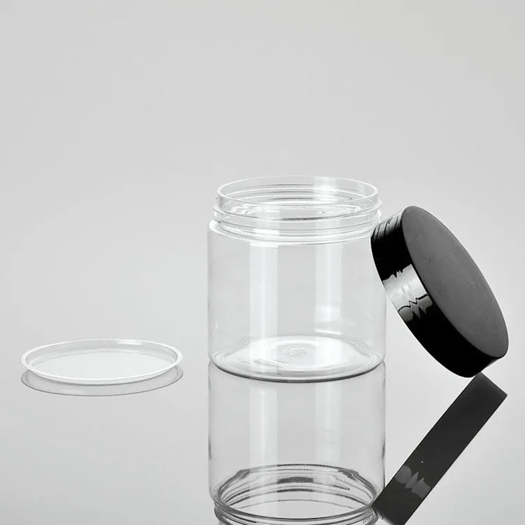 250ml Transparent Round Plastic Cosmetic Jars for Body Scrub Skincare with Black Lid and PVC inner gasket