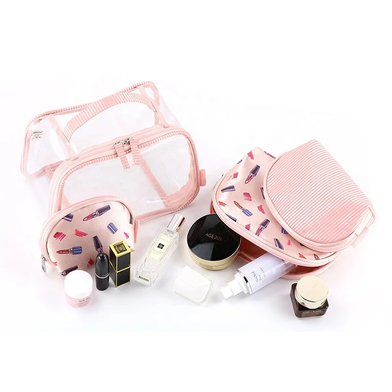 BSCI ISO Sedex FAMA GenuineFull Page Printing Pink Makeup Organizers 4 Set Transparent Waterproof Clear Cosmetic Organizers Bags