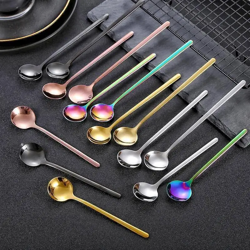 Custom Logo Round Stainless Steel Teaspoon Long Handle Tea Spoon Latte Mixing Gold Cutlery Spoon Set Ice Cream Coffee Spoons