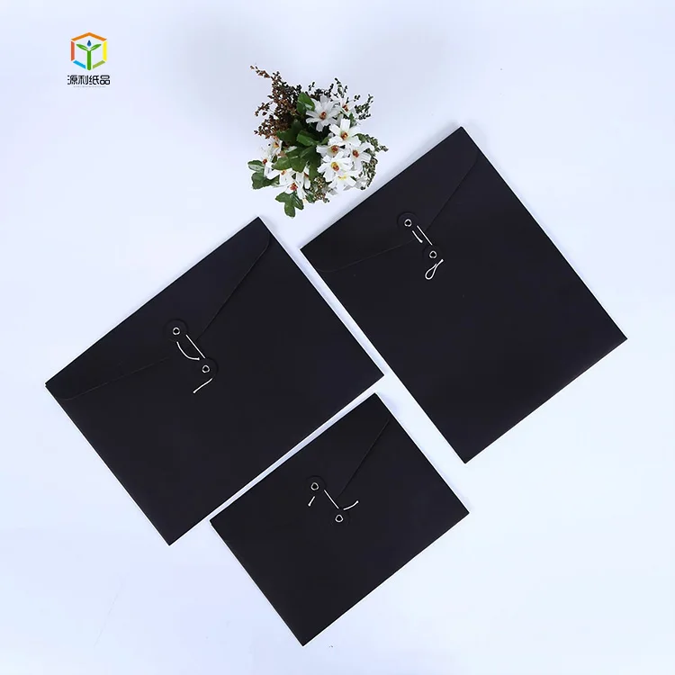 
Recycled custom printing packaging black white brown kraft paper envelope with button and string 