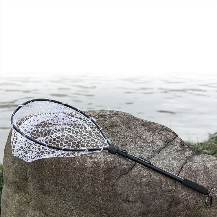 4 Size Red/blue Hot Sale Round Stainless Steel Frame Collapsible Rubber Coated Mesh Fishing Landing Net