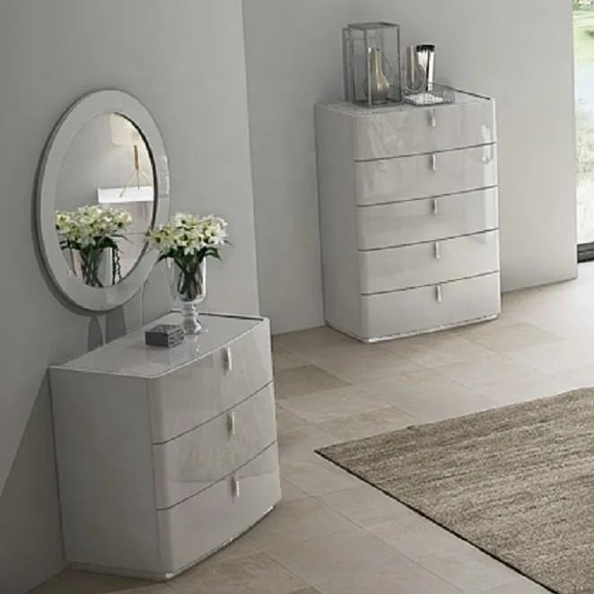 NOVA Modern Light Gray Glossy 3 Drawer Dresser With Round Mirror