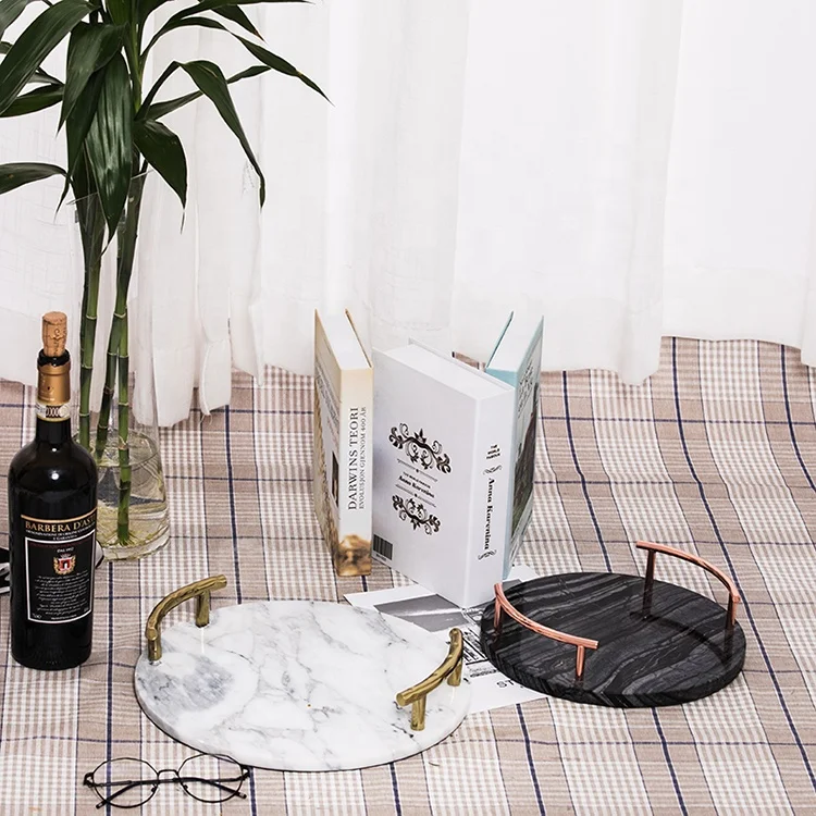 Storage Serving Tray Hotel Restaurant Marble Board Style Round Marble with OEM Metal Stone Sculpture 2021 New Home Black