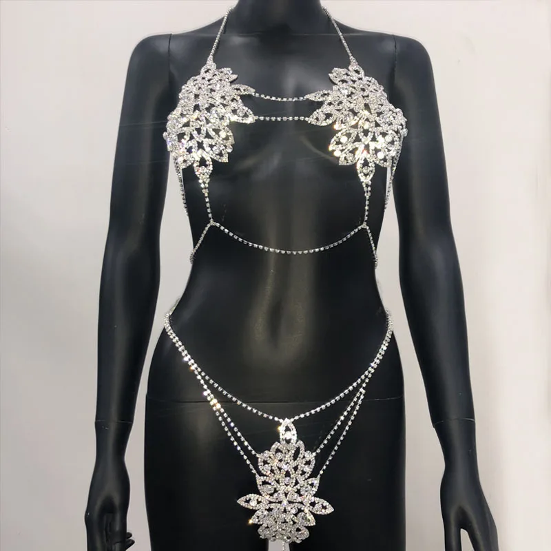 Brave Light Factory Price Mesh Women Sexy Underwear Flower Shape Crystal Thong Set Bikini Body Chain Jewelry For Sexy Lady Gilr