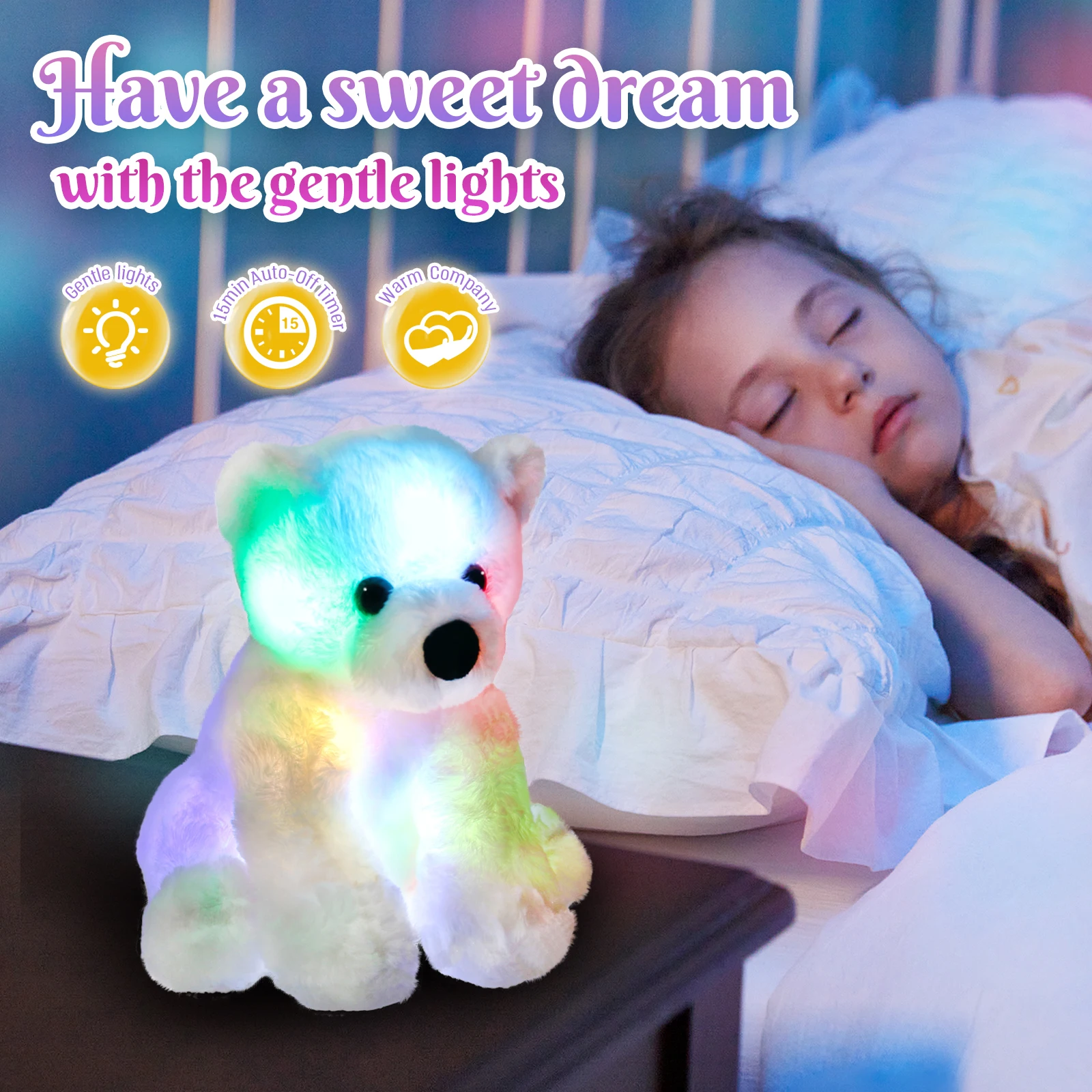 Bstaofy Glow Polar Bear LED Stuffed Animals Night Light Soft Plush Adorable Floppy Toy Gift for Kids on Christmas Birthday