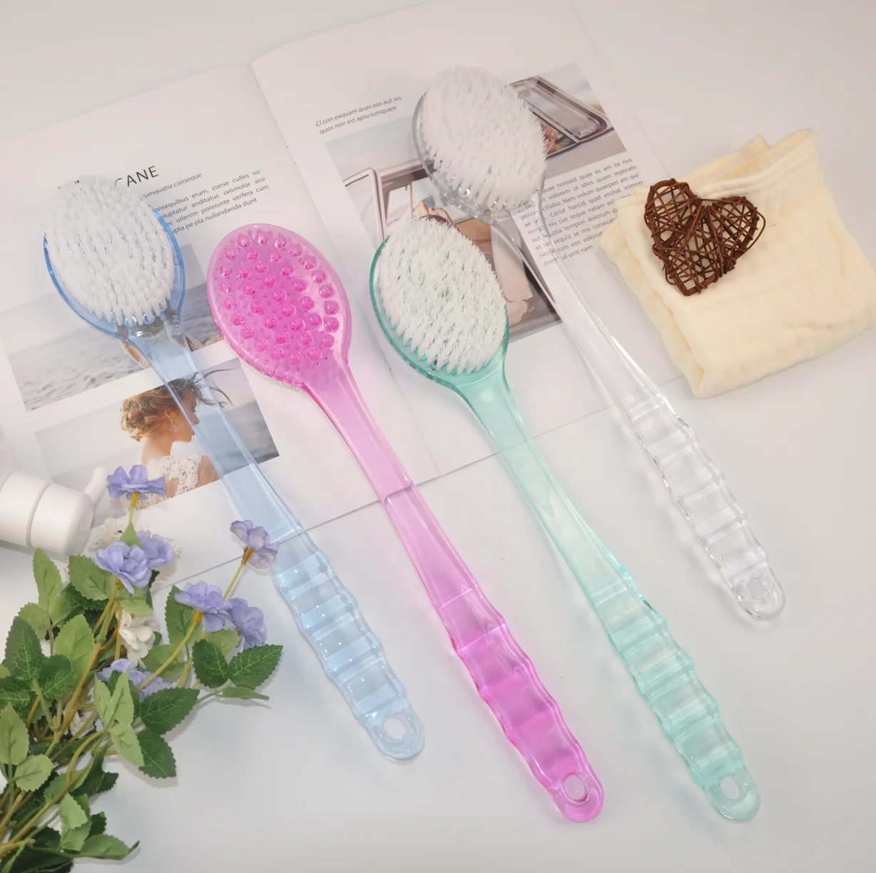 double side bath brush with plastic long Handle  back body scrubber Bath Body Cleaning plastic bath brush