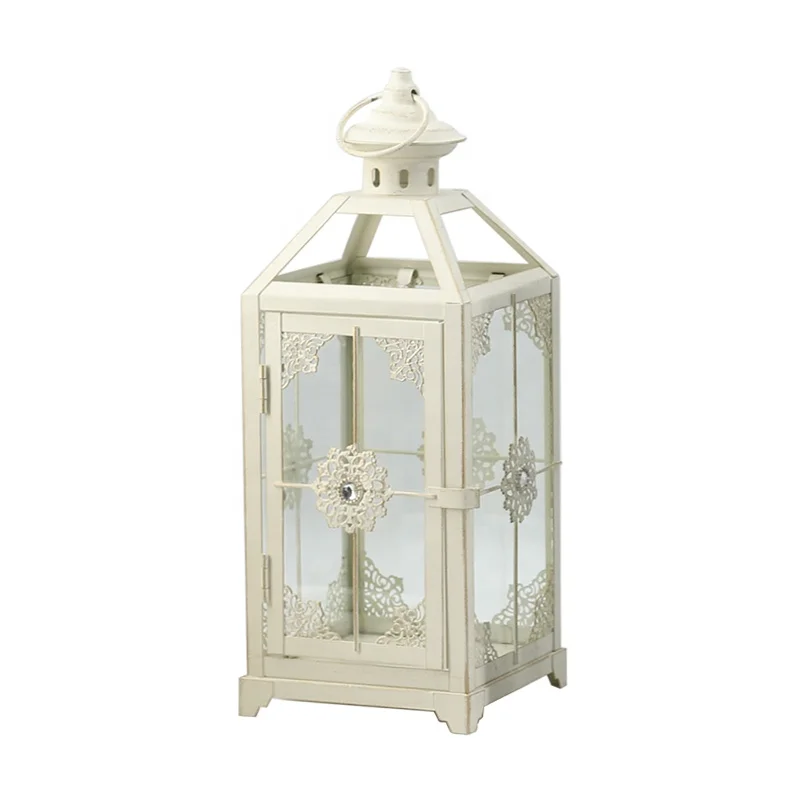 Decorative White Brush Gold Antique Candle Holder Indoor And Outdoor Use Metal Candle Lantern For Decoration