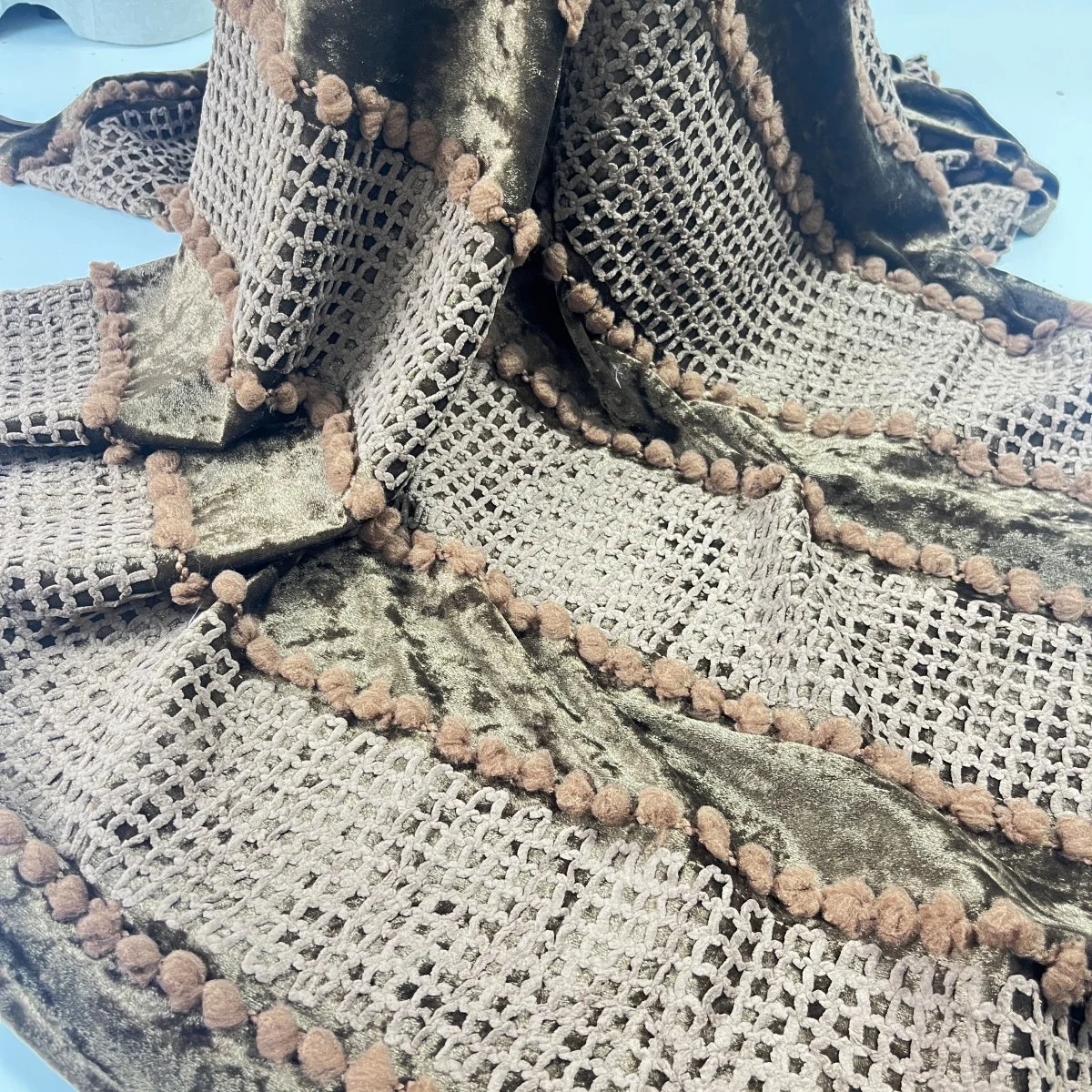 LH The latest Europe and America in stock 3D pompom  coffe ribbon women fabrics for clothing,french velvet  dress fabrics