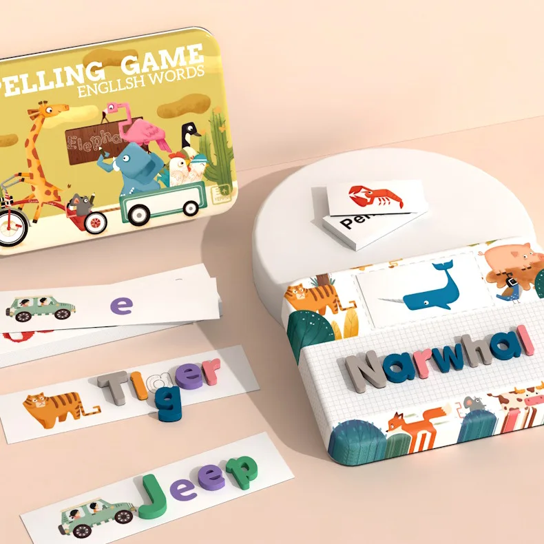 Wholesale Wooden Cartoon Animal Alphabet Spelling Toys Educational Puzzle Game for Kids English Practice Dropshipping