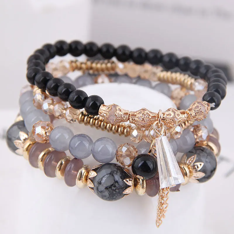 Kingcome 4pcs/pack Bohemian Stackable Bracelets with Tassels Multilayered Stretched Crystal Glass Beaded Bracelets