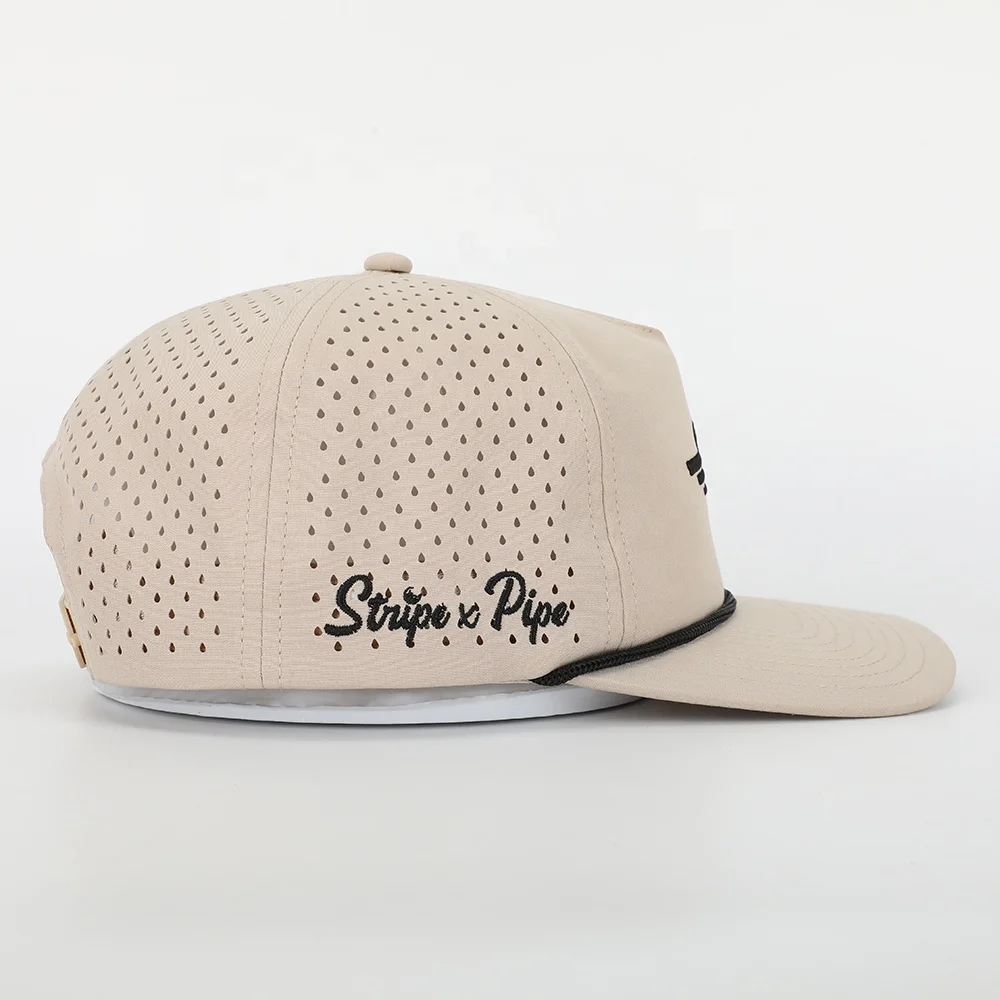 Wholesale Custom Embroidery Logo 5 Panel Dad Hat High Quality Polyester Golf Gorras,Laser Cut Hole Sport Rope Black Baseball Cap