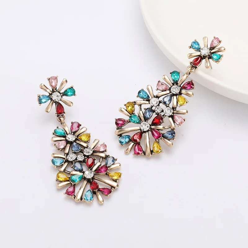 Latest Gold Plated Alloy Funky Bohemia Diamond Geometric Colorful Rhinestone Flower Crystal Stud Earrings For Women Jewelry