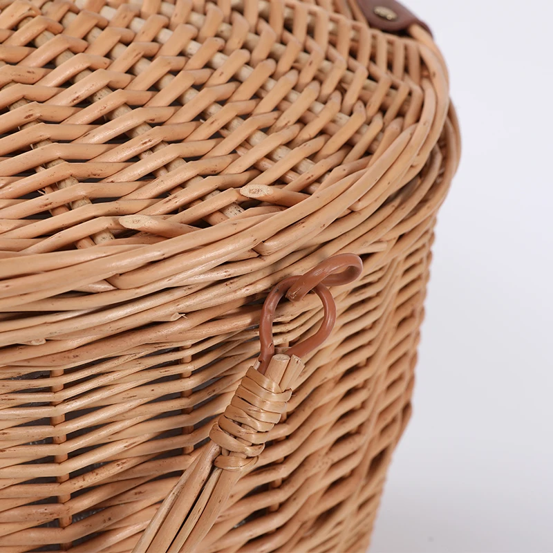 Large Round Folding Wicker Picnic Basket With Handle And Lid