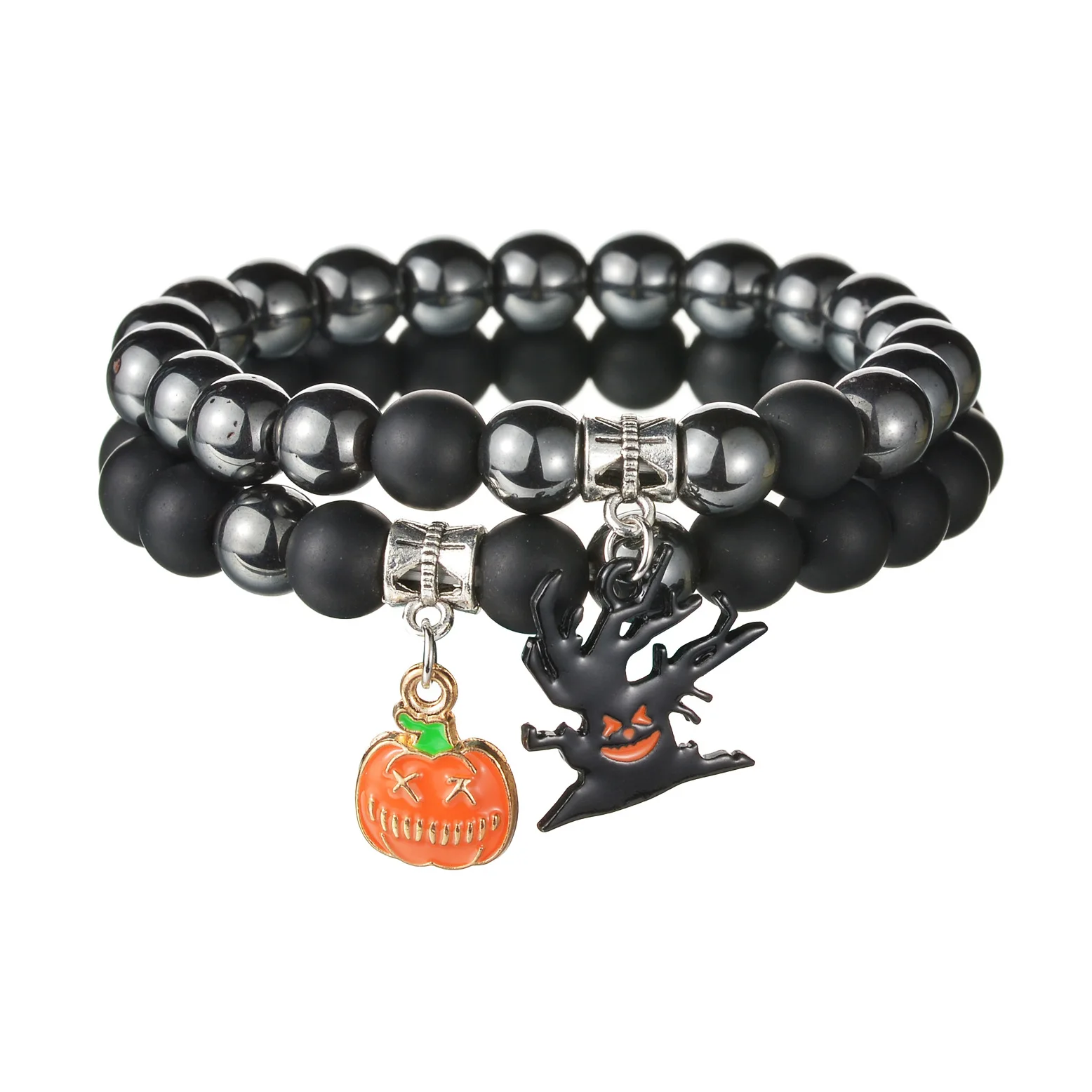 2pcs set 8mm Matte Stretch Bead Black Obsidian Bracelet Stackable Ghost Pumpkin Halloween Charm Bracelet