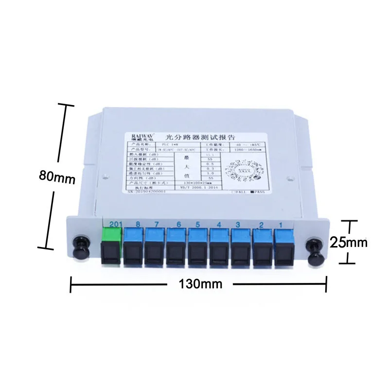 Телекоммуникационный разветвитель PLC уровня 1x8, 8-ходовой волоконно-оптический разветвитель