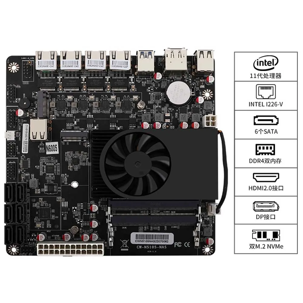 Intel 11th gen Celeron N5105 N6005 MINI-ITX NAS motherboard With 6SATA JMB585 4 LAN intel i226-v Dual M.2 ATX 24+4pin