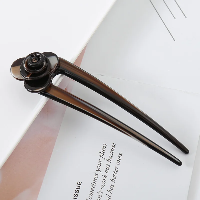 Korean U Shape Tortoise Shell Hairpin Leopard Flower Rose Acetate Flower Sticks Chopsticks Hair Pins for Women