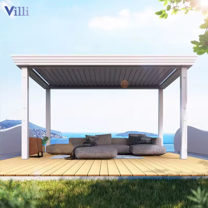 Custom Windproof Pergola Electric Louvre Roof Pergola Aluminum Waterproof Backyard Pergola With Screen Blinds