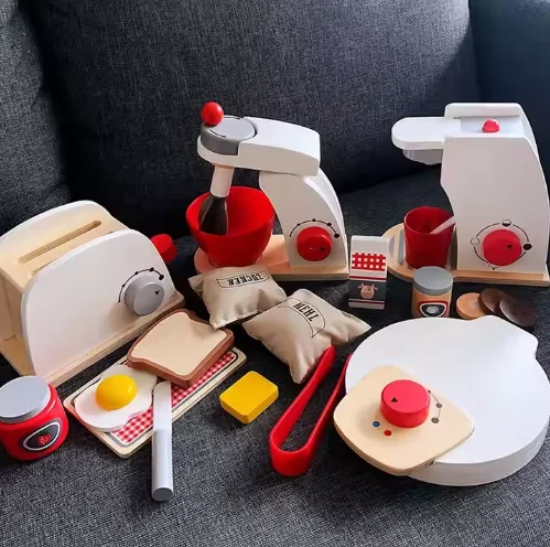 Kids Pretend Play Kitchen Toys Wood Cooking Bread Machine Coffee Machine Mixer Education Toys