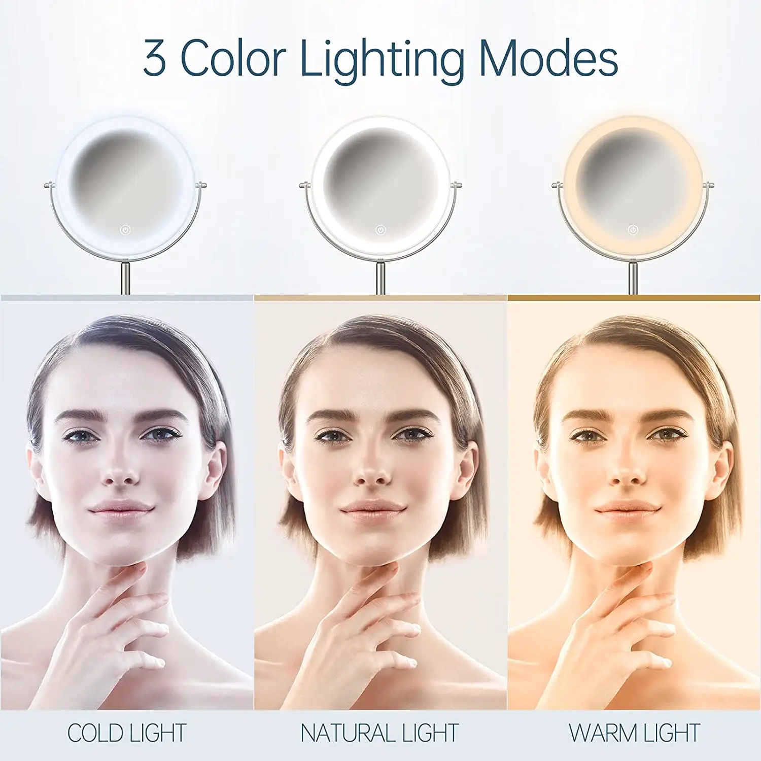 Brushed Nickel Finish Dimmable Cosmetic Mirror with Touch Control 360 Degree Rotation Led Light up Mirror