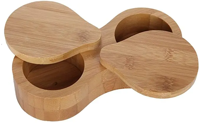 Double Round Bamboo Container Salt and Pepper Wooden Box Spices Storage Jar
