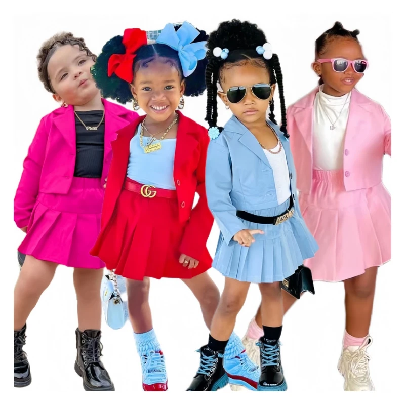 Ms-212 Children Boutique Clothing Kids Skirt And Top Set Lapel Jackets Top + Mini Pleated Skirt  Girls Two Piece Summer Out