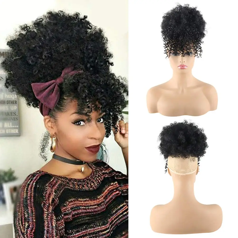 Curly Ponytail Wigs for Black Women Hair Balls for Girls Hair Clip in Bangs Afro High Puff Bun Hair Pieces for Women Synthetic