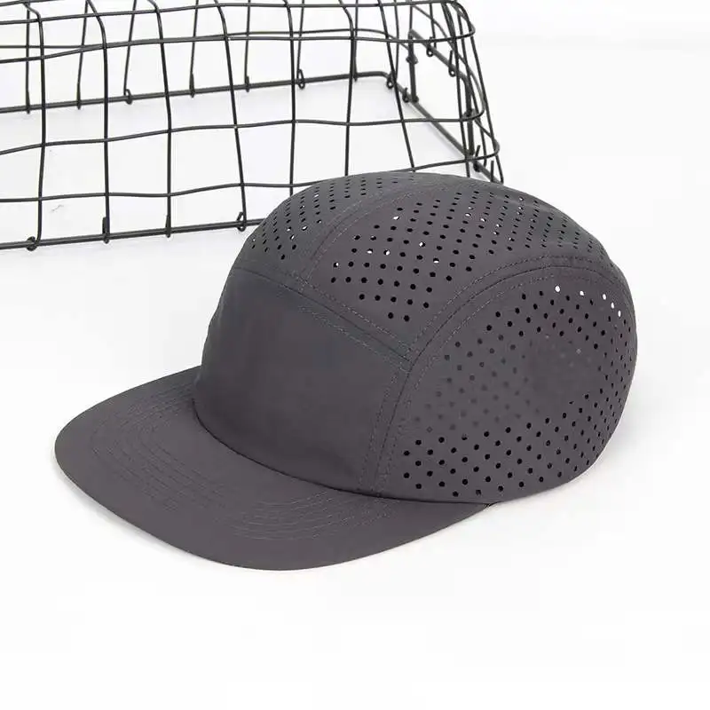 Wholesale Snapback Waterproof Running Hats Quick Dry Five Panel Camp Cap Laser Cut Perforated Sport Cap Nylon 5 Panel Caps