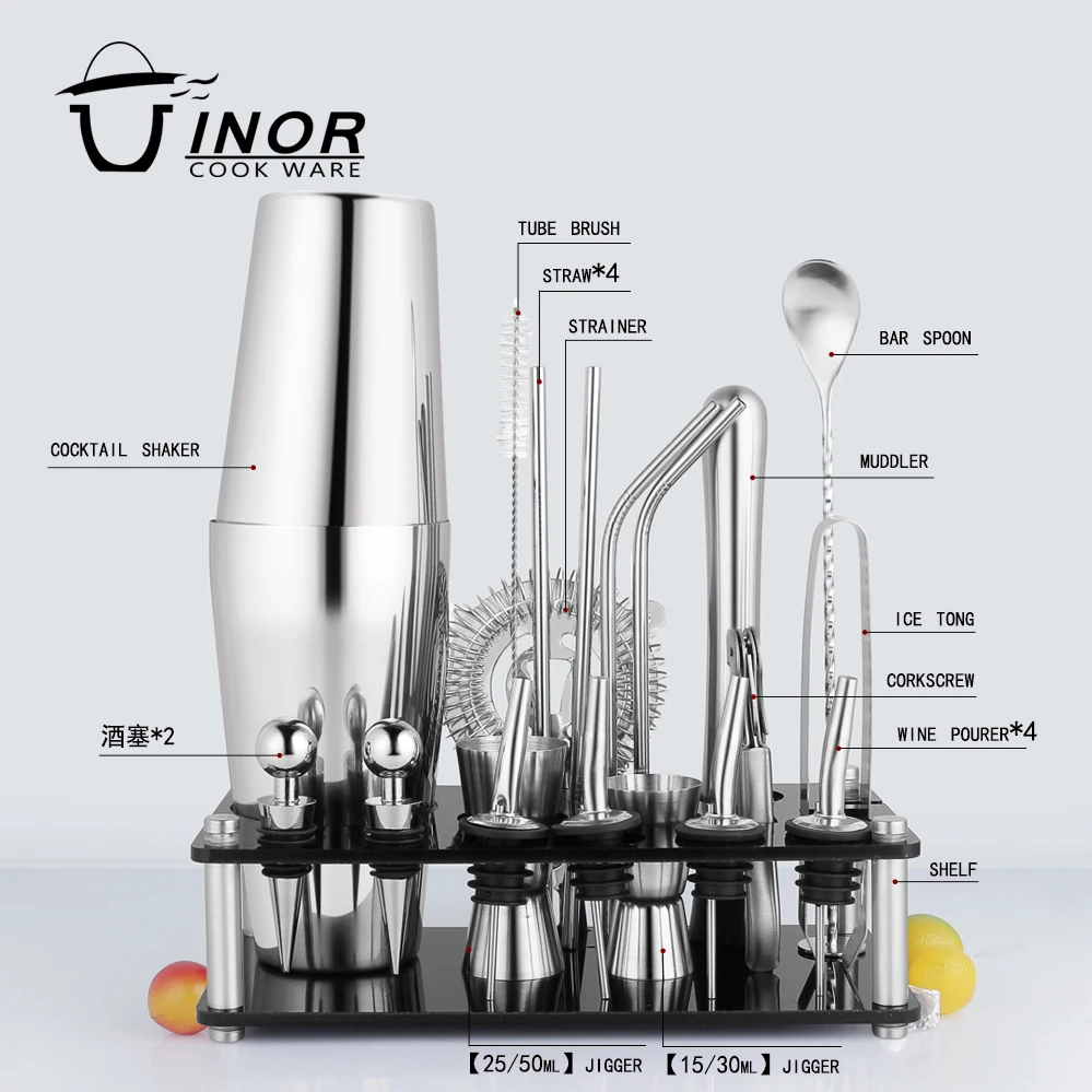 Hot Selling Bar Accessories Tools 14 pcs Stainless Steel Cocktail Shaker Set with Acrylic Stand