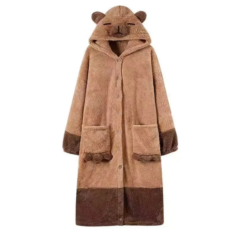 RuunJoy Cute Capybara Winter Pajamas Cartoon Animal Soft Plush Jumpsuit For Adults Kawaii Velvet Robe Home Clothes Set Gift