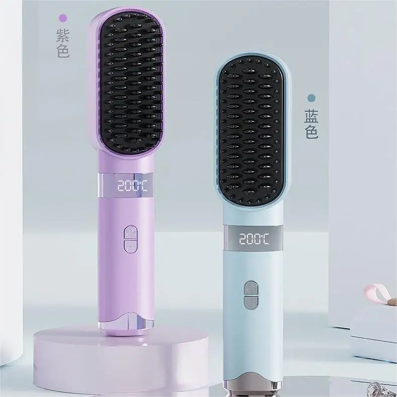 Customized USB Rechargeable Cordless Hair Straightener Portable Electric Wireless Hot Comb with Negative Ion for Hair Care Women