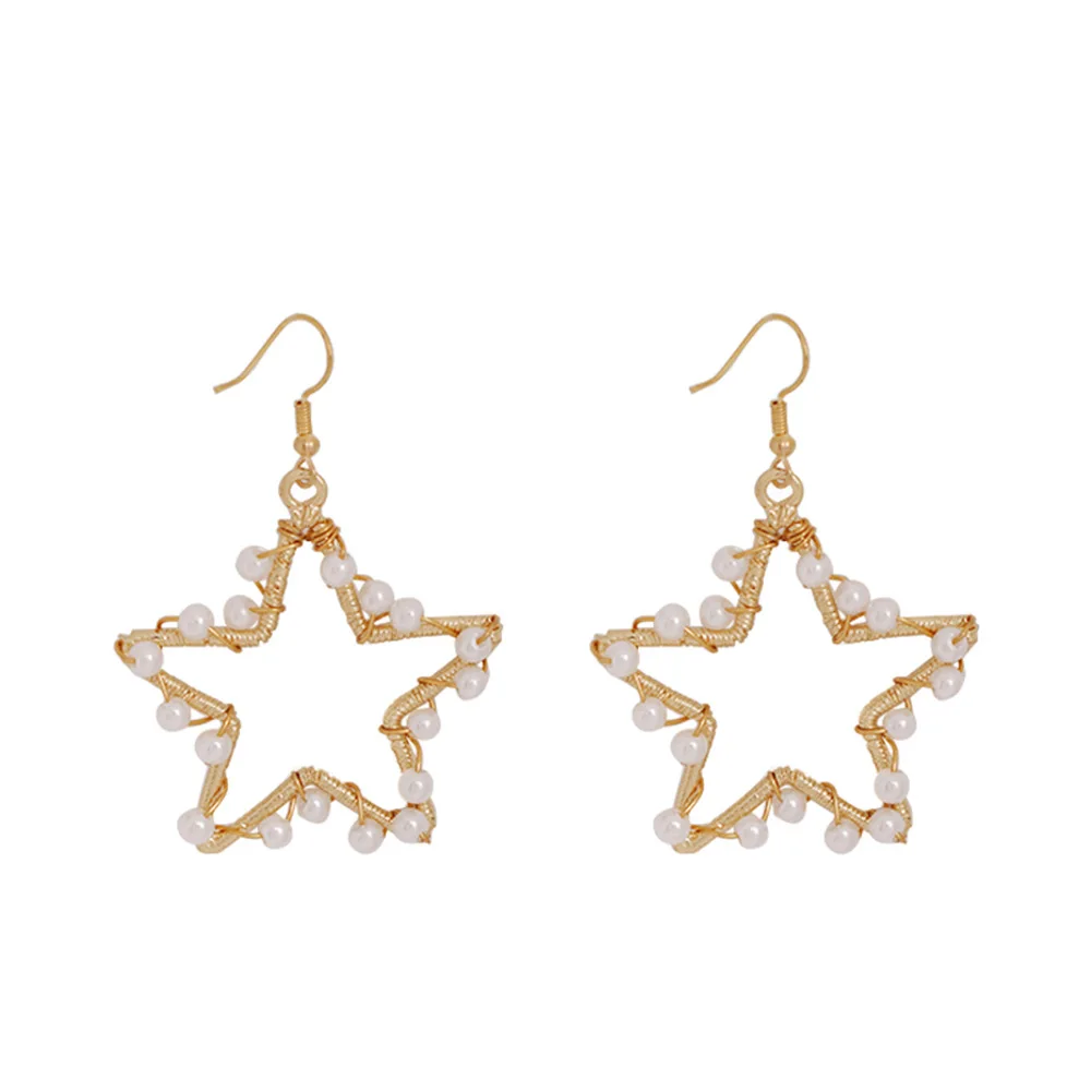 Fashion Hook Earrings Gold Pearl Beads Pentagram Earrings