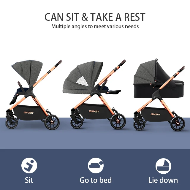 Smart Stroller High Quality Luxury Stroller High view landscape Grows with Baby New Born to 4 Years Golden Frame Grey