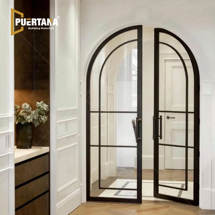 Arched Top With Straight Lines Indoor Aluminium French Casement Swing Glass Door Internal