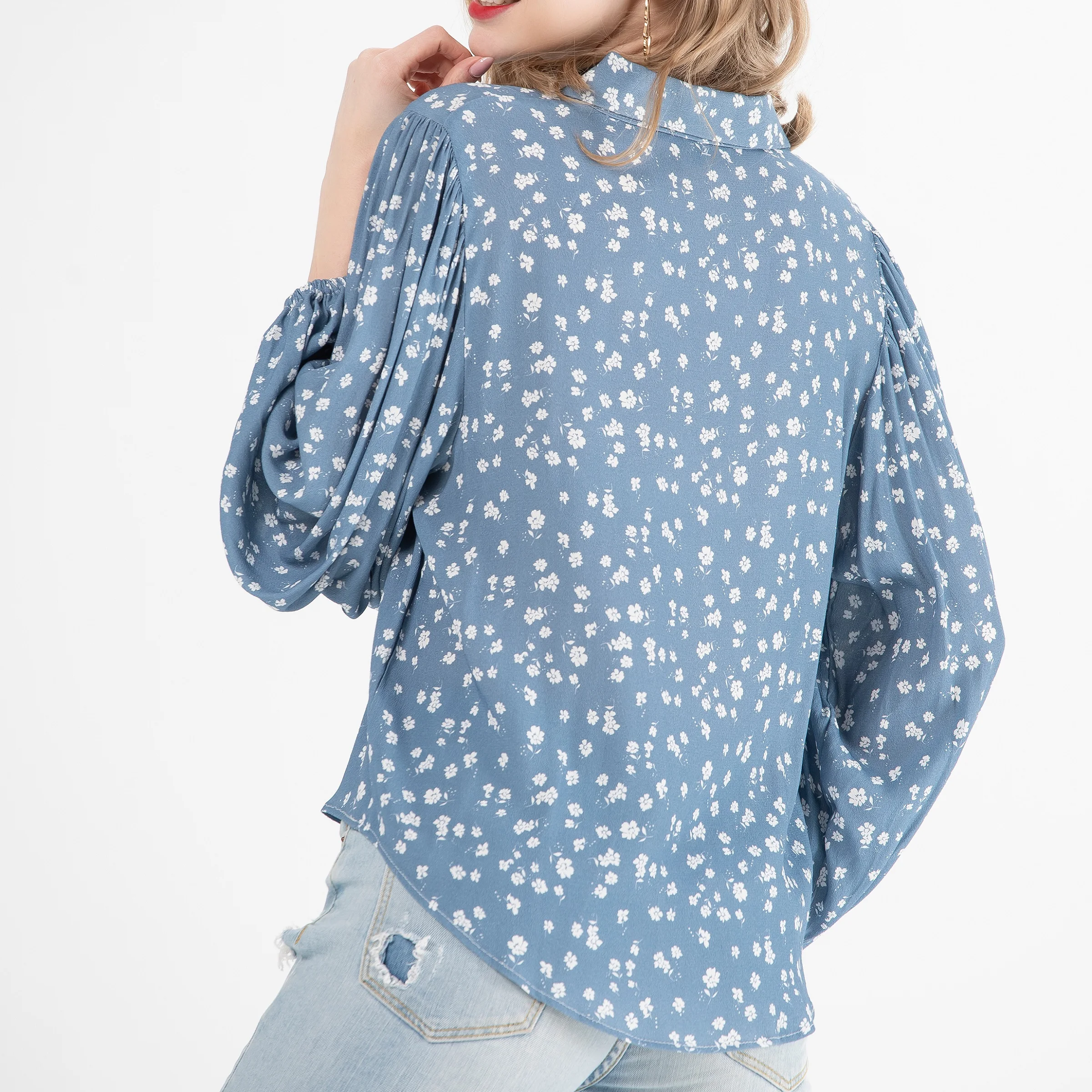 Ladies Elegant Fashion Spring Long Lantern Sleeve Turn Down Collar Shirts Blouse for Women