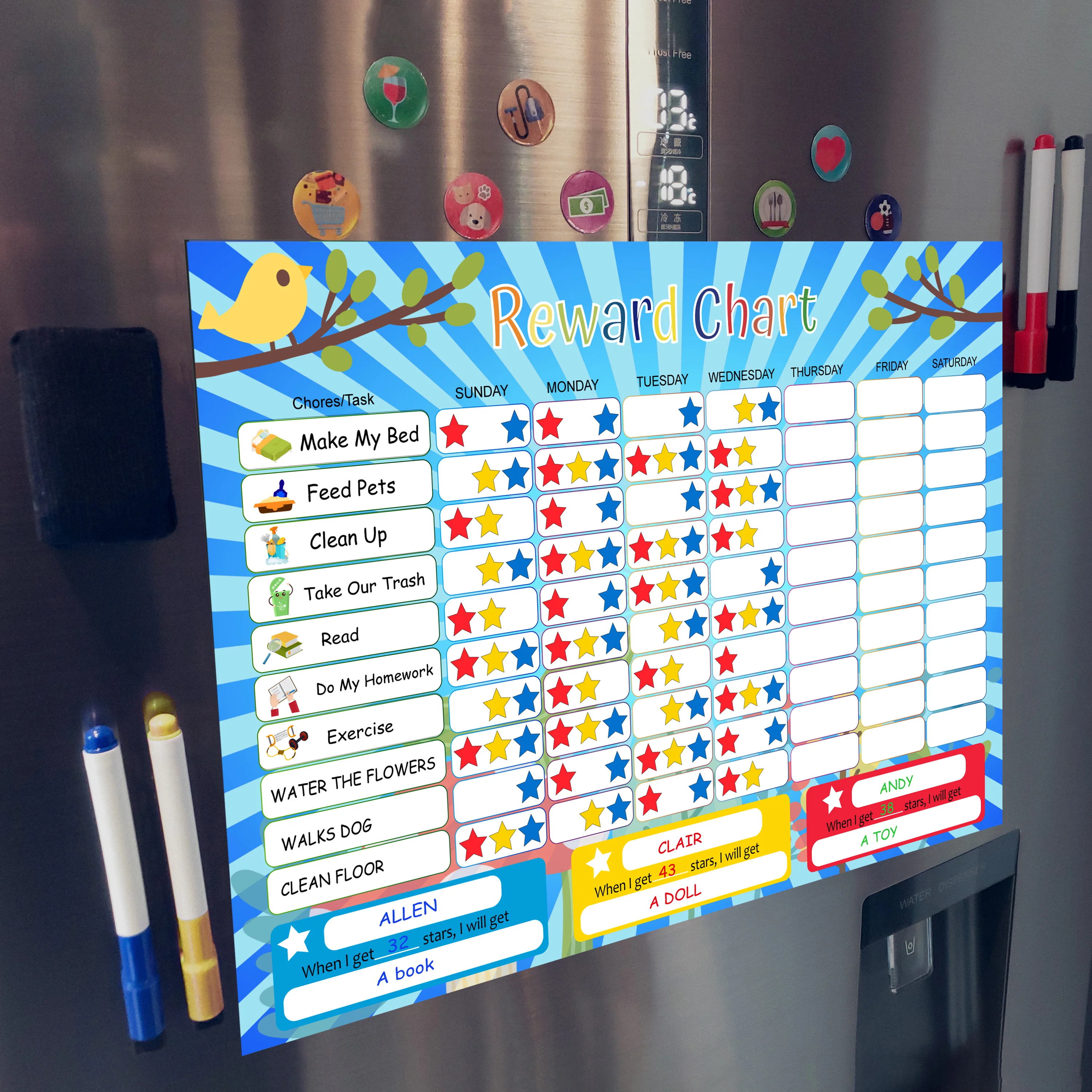 Reward Chart for Multiple Kids 17 x 12 Inch Dry Erasable Chore Chart | Magnetic Responsibility Chart, Chore Chart, Behavior Char