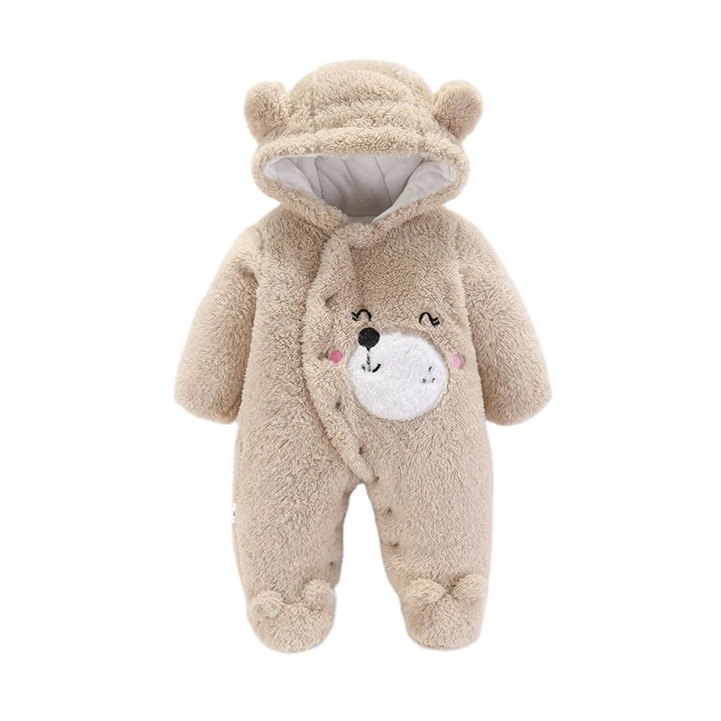 0-12M Newborn Bear Design Warmer Snowsuit Cotton Fleece Hooded Baby Romper Jumpsuit for Baby Girl Boy Baby Plush Winter Romper