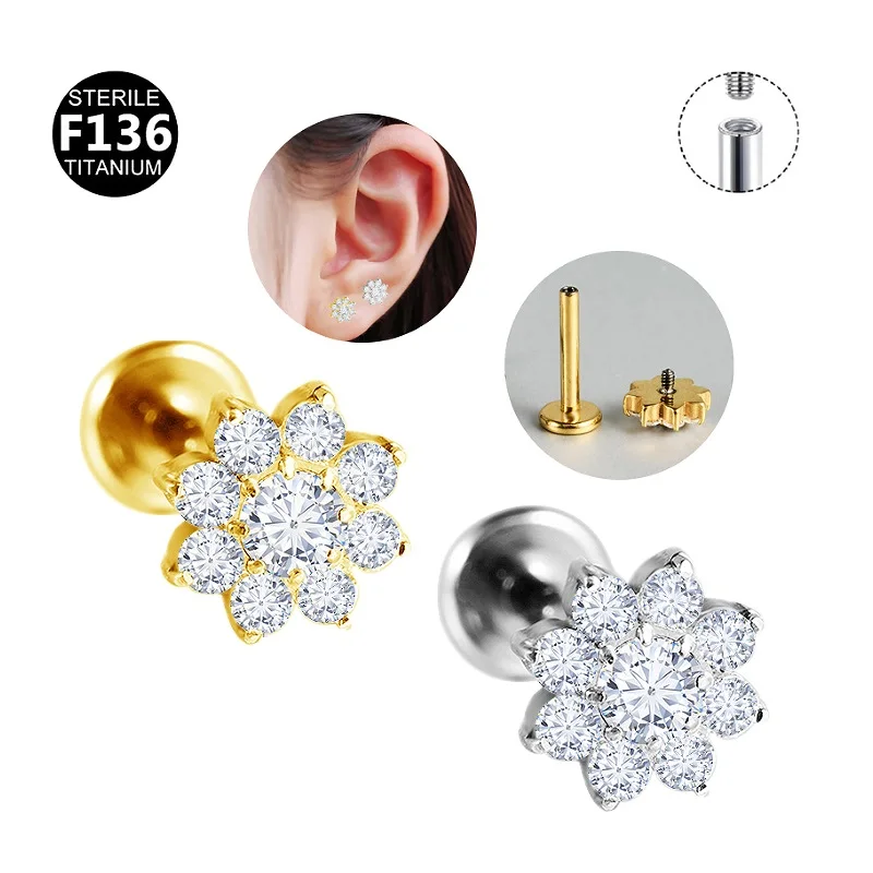 Getta ASTM F136 titanium new arrive  zircon lip ring gold flower internal thread flat back earring titanium piercing jewelry