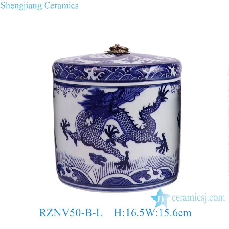 RZNV50-B-S-M-L-XL Chinese handmade blue and white porcelain dragon pattern copper ring cover ceramic tea storage jar