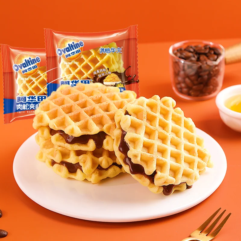Spot Goods Breakfast Cake Bread Baked Chocolate Cookies Casual Snacks Wafer Meat Floss Filled Waffles