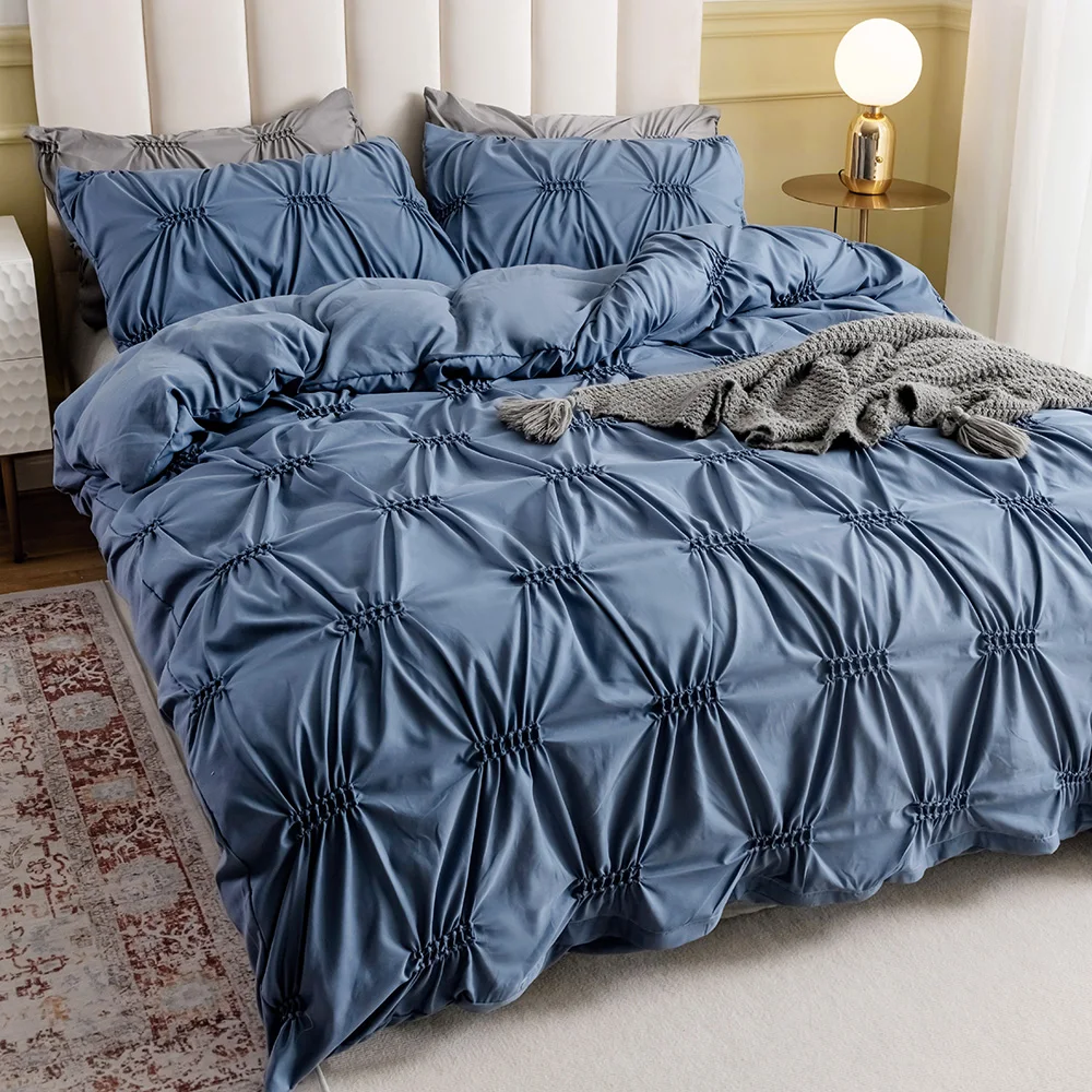 Blue Pinch Pleat Pintuck Duvet Cover Set Sabanas Para Camas New Born Bedding Set Bed Spread Sets Twin Queen King Single Double