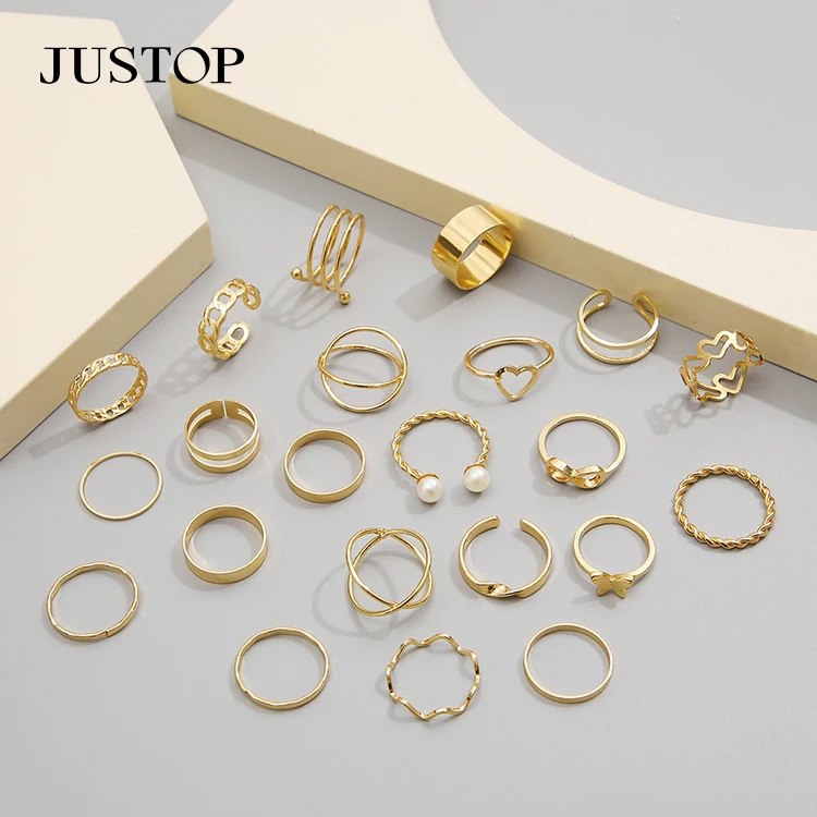 20pc/set Hollow Love Butterfly Female Ancient Silver Ring Set Pearl Gold Tai Chi Snake Drip Oil Ring Jewelry