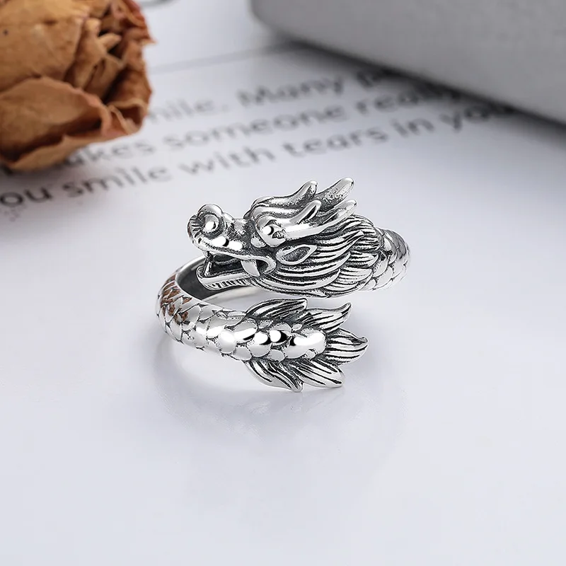 S925 sterling silver year of the loong Antique Heavy Industry Edition  dragon totem national tide wind jewelry opening ring