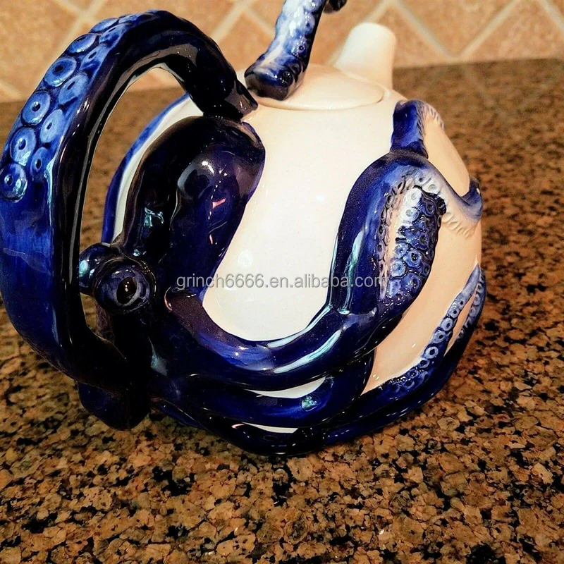Custom Home tabletop decor Handmade Ceramic Octopus Teapot Blue Octopus On Teapot Ceramic Animal Coffee tea pot