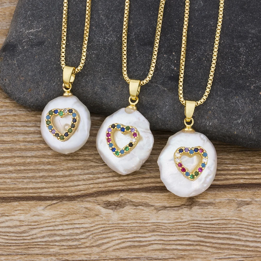 Fashion Colorful CZ Paved Tiny Heart Charm Freshwater Pearl Coin Gold Chain Chic Pendant Choker Necklace For Women Jewelry
