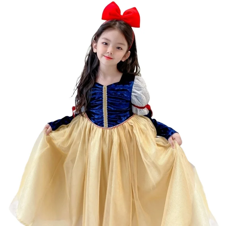 2023-2024 new Girls Snow White dress Canary bubble long sleeve dragon head gold dress