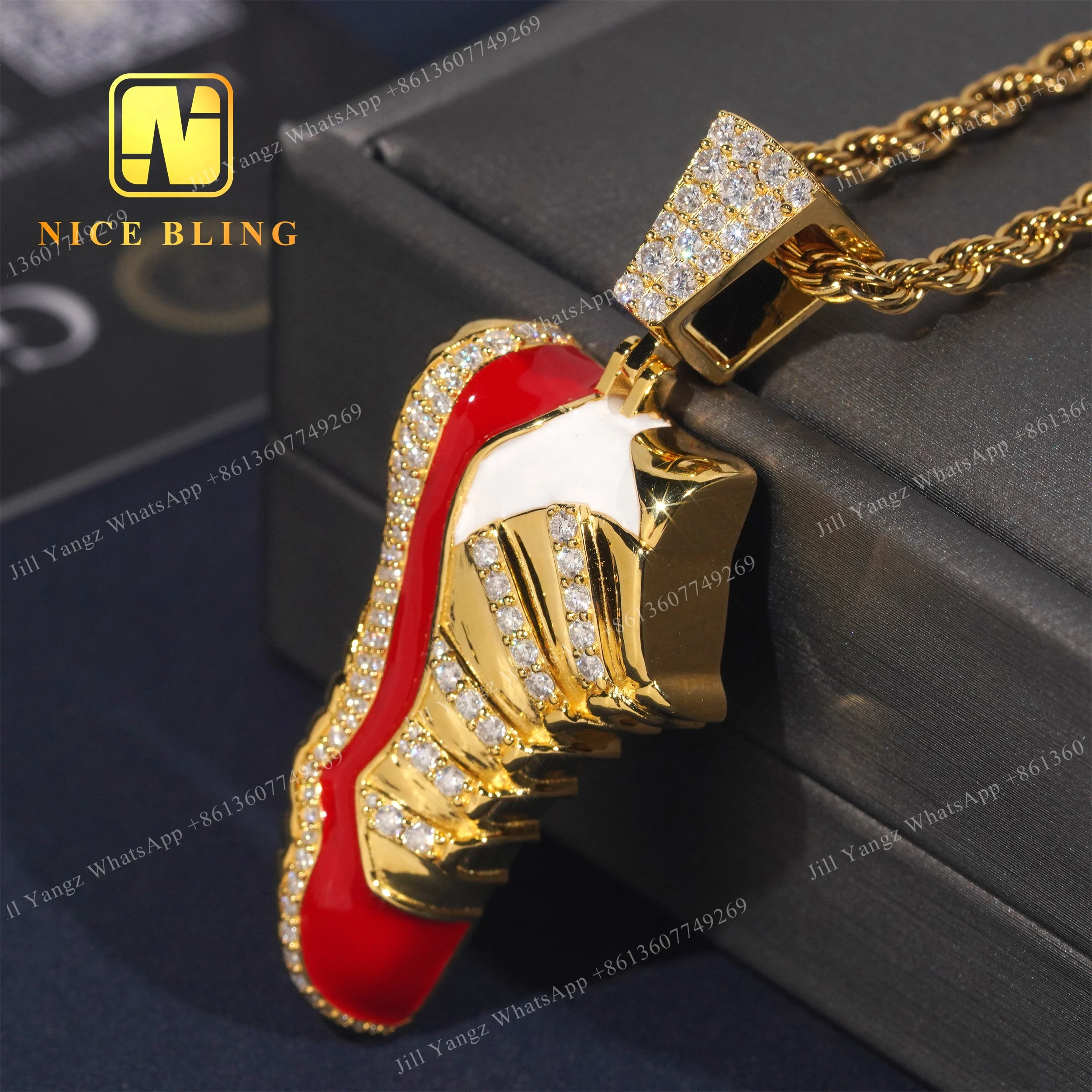 NEW ARRIVAL 3D Design Sneaker Shoe Pendant moissanite Red Enamel 925 Hip Hop iced out Pendant Jewelry Moissanite Pendant