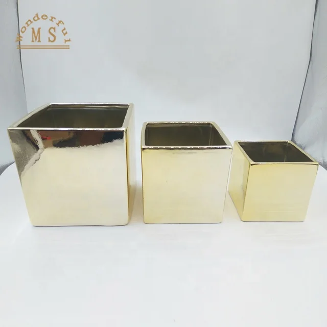 Wholesale heavy cube ceramic flower pots with electroplating gold silver cooper and white black red color glazing home decor